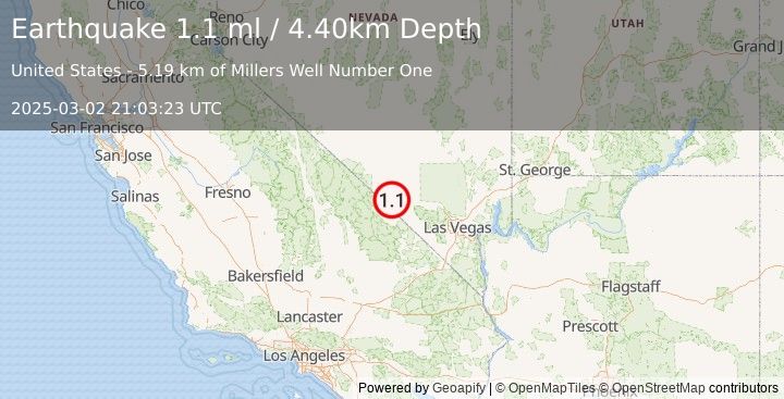 Earthquake 39 km ENE of Furnace Creek, California (1.1 ml) (2025-03-02 21:03:23 UTC)