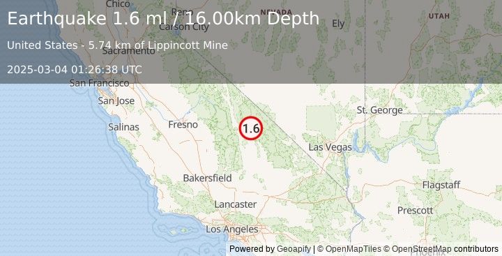 Earthquake 26 km NE of Keeler, California (1.6 ml) (2025-03-04 01:26:38 UTC)