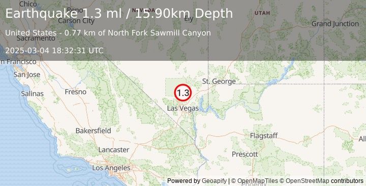 Earthquake 48 km W of Moapa Town, Nevada (1.3 ml) (2025-03-04 18:32:31 UTC)