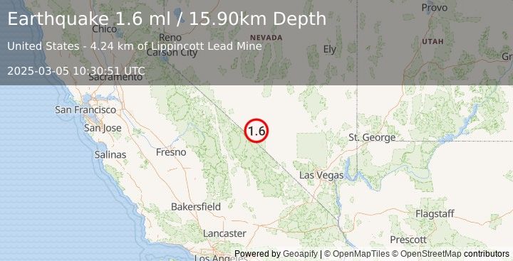 Earthquake 49 km S of Goldfield, Nevada (1.6 ml) (2025-03-05 10:30:51 UTC)