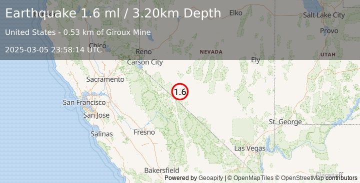 Earthquake 28 km SSW of Mina, Nevada (1.6 ml) (2025-03-05 23:58:14 UTC)