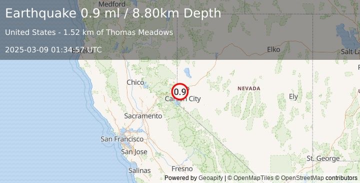 Earthquake 12 km SSE of Mogul, Nevada (0.9 ml) (2025-03-09 01:34:57 UTC)