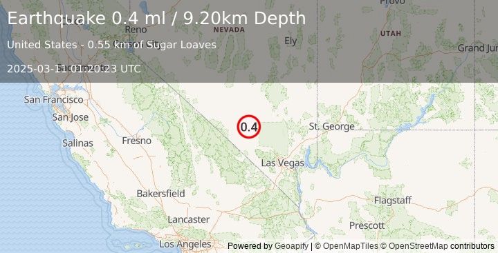 Earthquake 52 km ENE of Beatty, Nevada (0.4 ml) (2025-03-11 01:20:23 UTC)