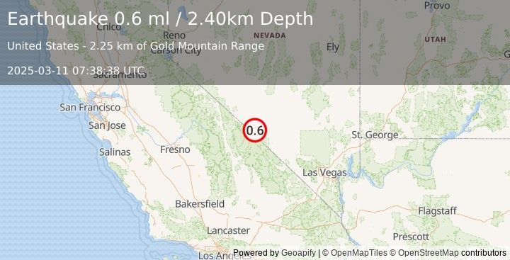 Earthquake 55 km S of Goldfield, Nevada (0.6 ml) (2025-03-11 07:38:38 UTC)