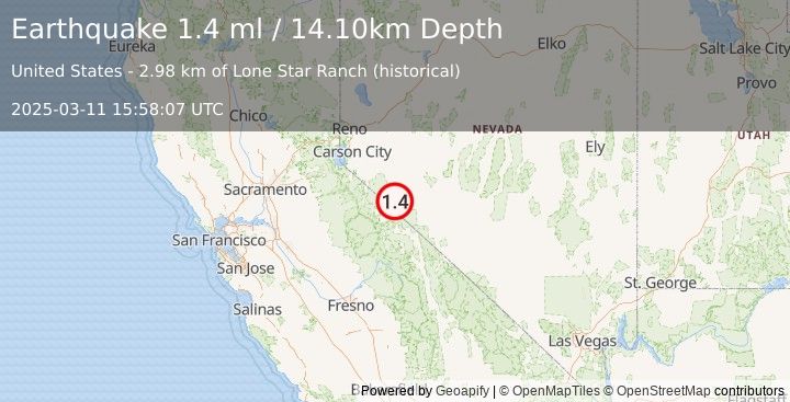 Earthquake 28 km WSW of Hawthorne, Nevada (1.4 ml) (2025-03-11 15:58:07 UTC)