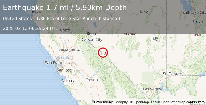 Earthquake 29 km WSW of Hawthorne, Nevada (1.7 ml) (2025-03-12 00:25:24 UTC)