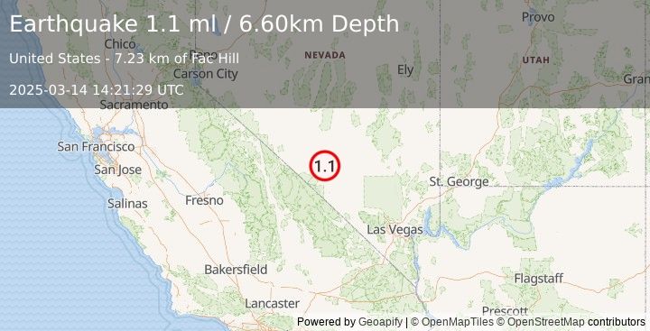 Earthquake 47 km SE of Goldfield, Nevada (1.1 ml) (2025-03-14 14:21:29 UTC)