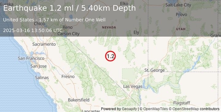 Earthquake 46 km ESE of Tonopah, Nevada (1.2 ml) (2025-03-16 13:50:06 UTC)