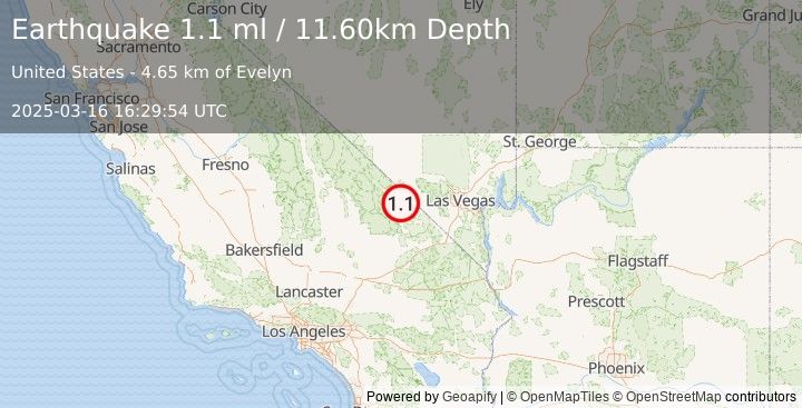 Earthquake 15 km NNW of Shoshone, California (1.1 ml) (2025-03-16 16:29:54 UTC)