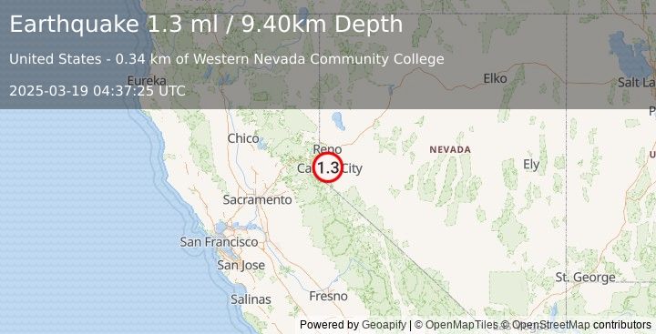 Earthquake 3 km NW of Carson City, Nevada (1.3 ml) (2025-03-19 04:37:25 UTC)