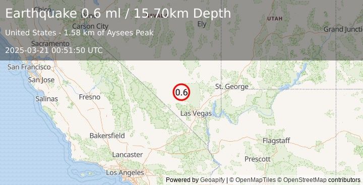 Earthquake 36 km NNW of Indian Springs, Nevada (0.6 ml) (2025-03-21 00:51:50 UTC)