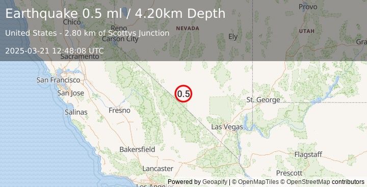 Earthquake 48 km SSE of Goldfield, Nevada (0.5 ml) (2025-03-21 12:48:08 UTC)