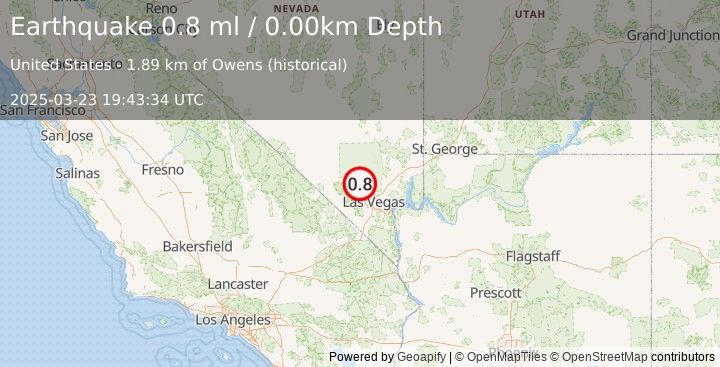 Earthquake 21 km ESE of Indian Springs, Nevada (0.8 ml) (2025-03-23 19:43:34 UTC)