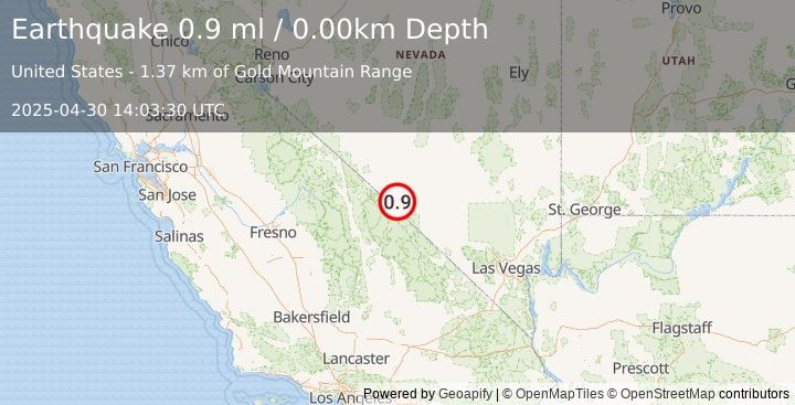 Earthquake 56 km S of Goldfield, Nevada (0.9 ml) (2025-04-30 14:03:30 UTC)