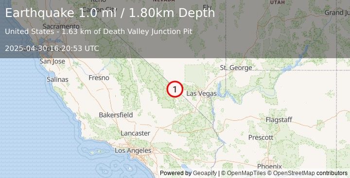 Earthquake 34 km WNW of Pahrump, Nevada (1.0 ml) (2025-04-30 16:20:53 UTC)