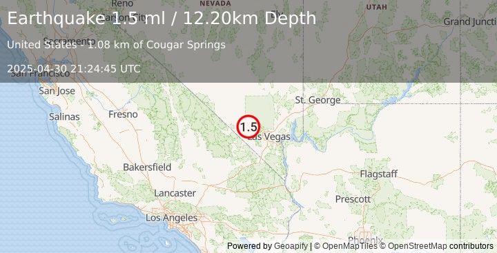 Earthquake 20 km SSW of Indian Springs, Nevada (1.5 ml) (2025-04-30 21:24:45 UTC)