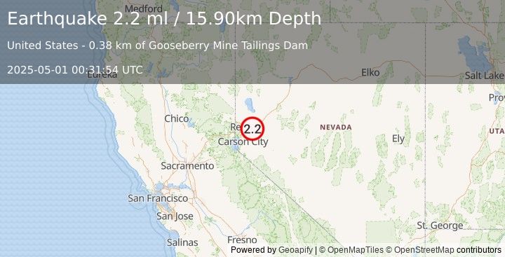 Earthquake 13 km NNW of Stagecoach, Nevada (2.2 ml) (2025-05-01 00:31:54 UTC)