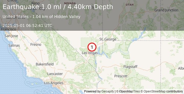 Earthquake 34 km WSW of Moapa Town, Nevada (1.0 ml) (2025-05-01 06:52:41 UTC)