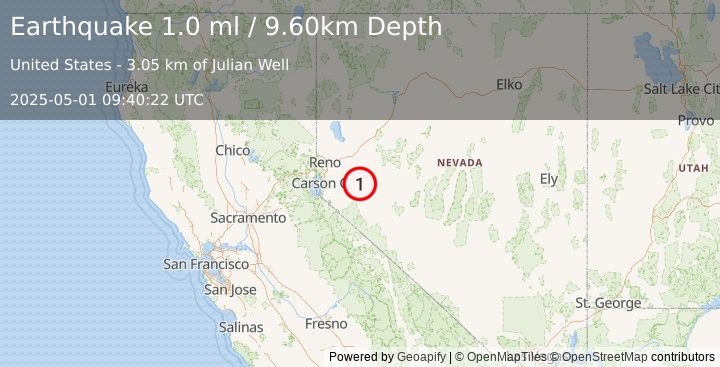 Earthquake 21 km NNE of Yerington, Nevada (1.0 ml) (2025-05-01 09:40:22 UTC)