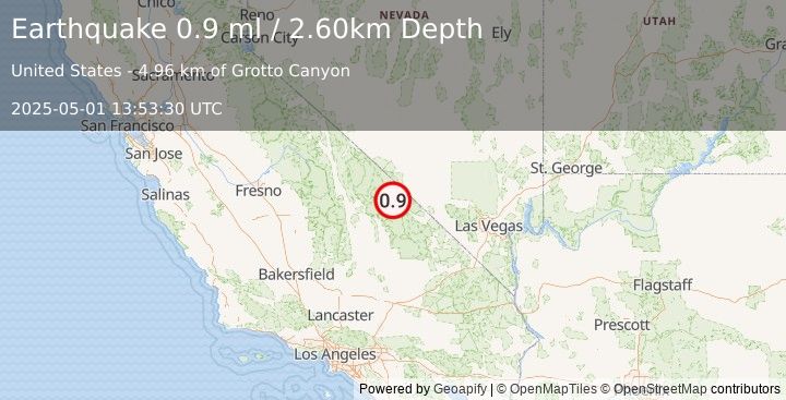 Earthquake 24 km NW of Furnace Creek, California (0.9 ml) (2025-05-01 13:53:30 UTC)