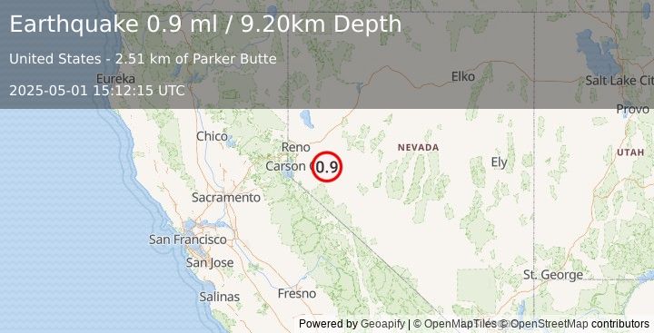 Earthquake 21 km NNE of Yerington, Nevada (0.9 ml) (2025-05-01 15:12:15 UTC)