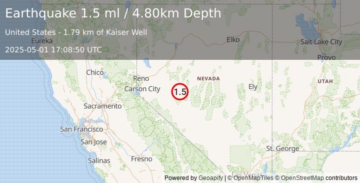Earthquake 27 km NW of Gabbs, Nevada (1.5 ml) (2025-05-01 17:08:50 UTC)