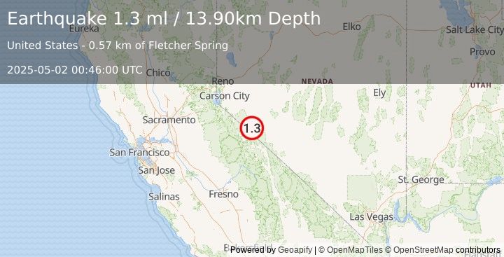Earthquake 29 km SW of Hawthorne, Nevada (1.3 ml) (2025-05-02 00:46:00 UTC)