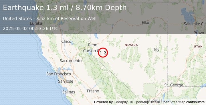 Earthquake 15 km NE of Yerington, Nevada (1.3 ml) (2025-05-02 00:53:26 UTC)