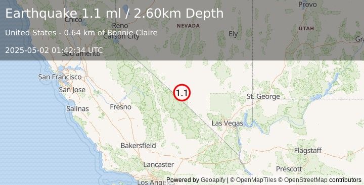 Earthquake 47 km NW of Beatty, Nevada (1.1 ml) (2025-05-02 01:42:34 UTC)