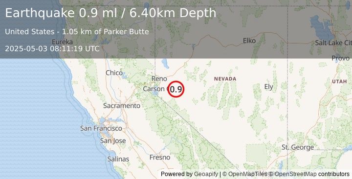 Earthquake 19 km NNE of Yerington, Nevada (0.9 ml) (2025-05-03 08:11:19 UTC)
