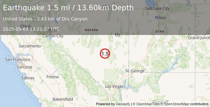 Earthquake 54 km N of Rachel, Nevada (1.5 ml) (2025-05-03 13:21:37 UTC)