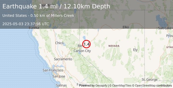 Earthquake 6 km WNW of Wadsworth, Nevada (1.4 ml) (2025-05-03 23:37:56 UTC)