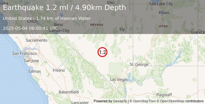 Earthquake 62 km WNW of Rachel, Nevada (1.2 ml) (2025-05-04 06:00:41 UTC)