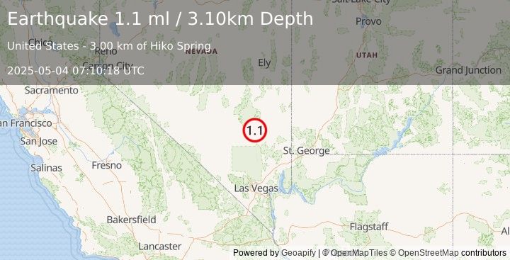 Earthquake 3 km E of Hiko, Nevada (1.1 ml) (2025-05-04 07:10:18 UTC)
