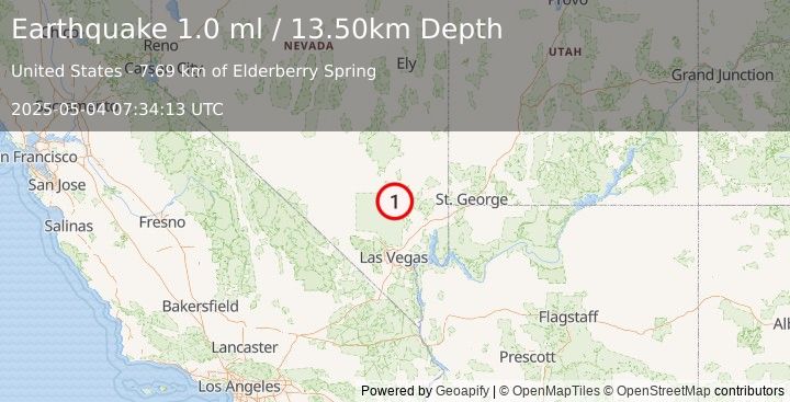 Earthquake 33 km S of Alamo, Nevada (1.0 ml) (2025-05-04 07:34:13 UTC)