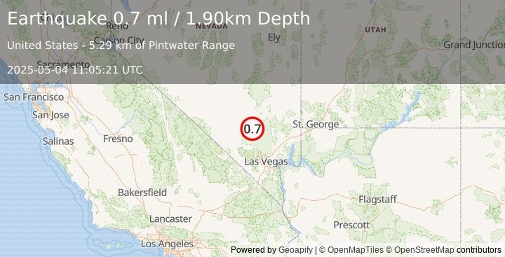 Earthquake 47 km NNE of Indian Springs, Nevada (0.7 ml) (2025-05-04 11:05:21 UTC)