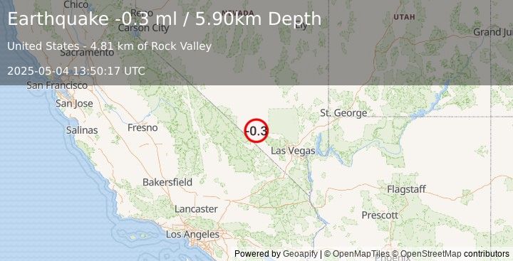Earthquake 51 km ESE of Beatty, Nevada (-0.3 ml) (2025-05-04 13:50:17 UTC)