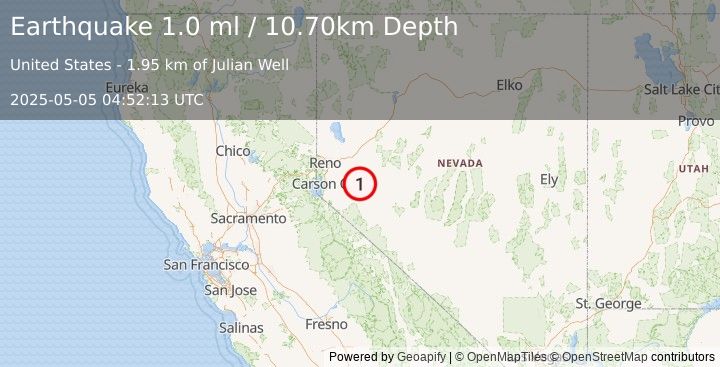 Earthquake 22 km NNE of Yerington, Nevada (1.0 ml) (2025-05-05 04:52:13 UTC)