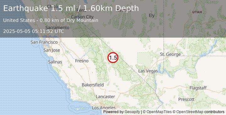 Earthquake 53 km NNE of Keeler, California (1.5 ml) (2025-05-05 05:11:52 UTC)