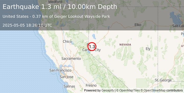 Earthquake 9 km NNW of Virginia City, Nevada (1.3 ml) (2025-05-05 18:26:10 UTC)