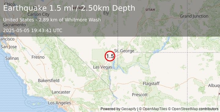 Earthquake 12 km N of Moapa Town, Nevada (1.5 ml) (2025-05-05 19:43:41 UTC)
