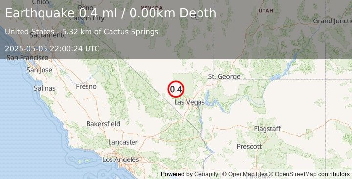 Earthquake 9 km NW of Indian Springs, Nevada (0.4 ml) (2025-05-05 22:00:24 UTC)
