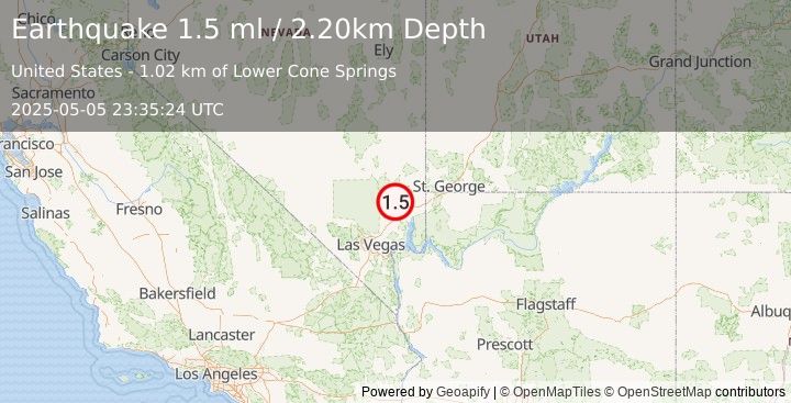 Earthquake 19 km NNW of Moapa Town, Nevada (1.5 ml) (2025-05-05 23:35:24 UTC)