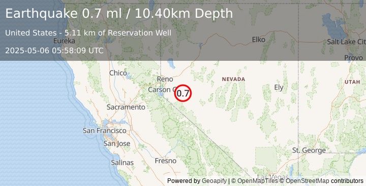 Earthquake 13 km ENE of Yerington, Nevada (0.7 ml) (2025-05-06 05:58:09 UTC)
