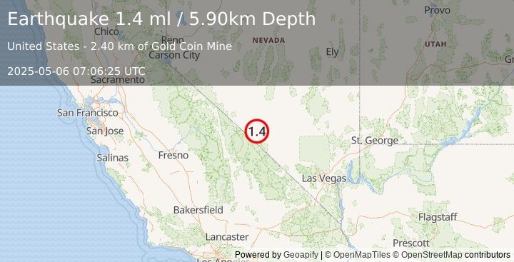 Earthquake 42 km S of Goldfield, Nevada (1.4 ml) (2025-05-06 07:06:25 UTC)