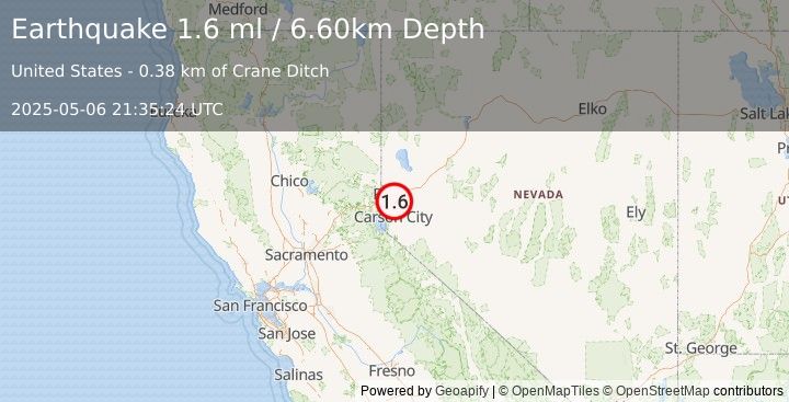Earthquake 13 km NNW of Virginia City, Nevada (1.6 ml) (2025-05-06 21:35:24 UTC)