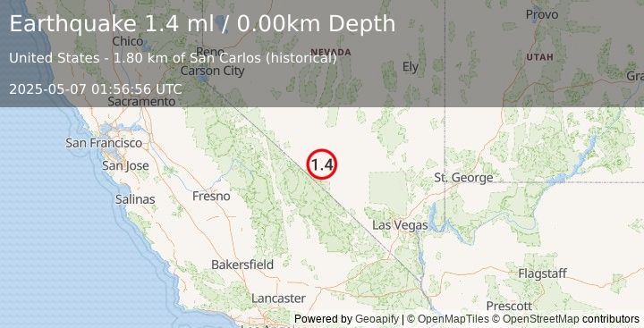 Earthquake 41 km SSE of Goldfield, Nevada (1.4 ml) (2025-05-07 01:56:56 UTC)