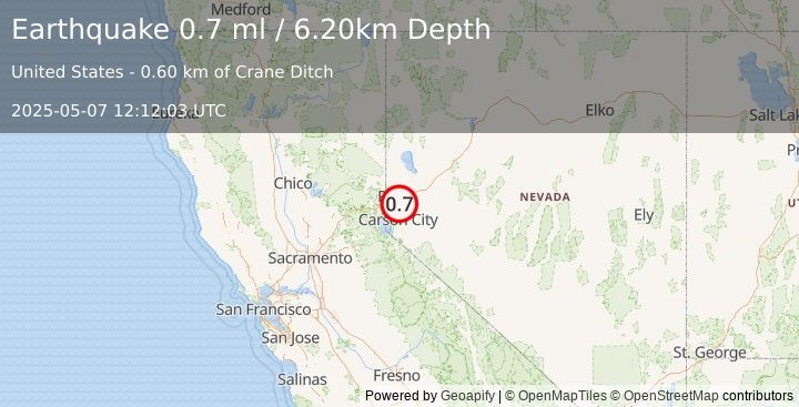 Earthquake 13 km NNW of Virginia City, Nevada (0.7 ml) (2025-05-07 12:12:03 UTC)