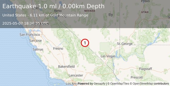 Earthquake 53 km WNW of Beatty, Nevada (1.0 ml) (2025-05-07 18:36:35 UTC)