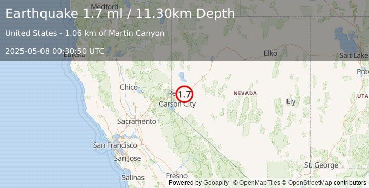 Earthquake 14 km NNW of Stagecoach, Nevada (1.7 ml) (2025-05-08 00:30:50 UTC)